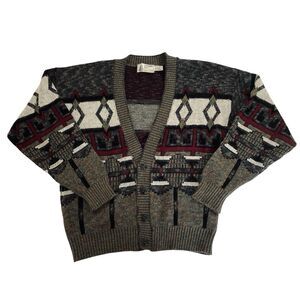 VTG London Fog Cardigan Sweater Men L Gray Button USA Grandpa Cosby Cobain Cabin